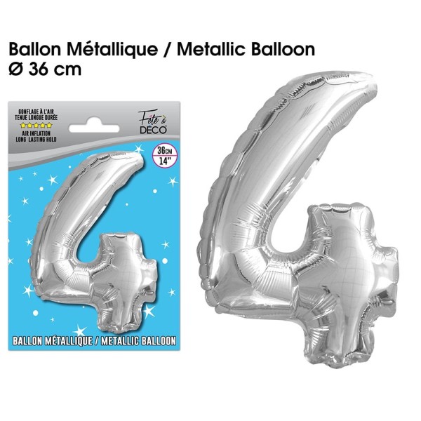 BALLON METALLIQUE ARGENT CHIFFRE 4