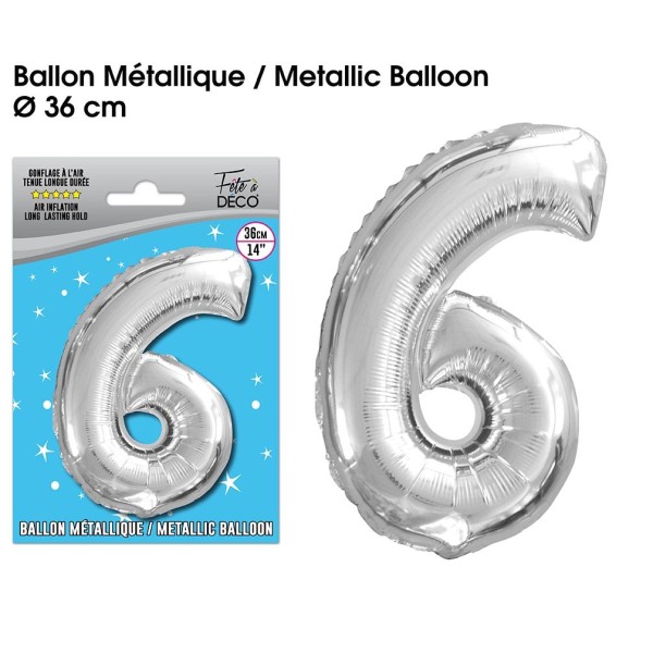 BALLON METALLIQUE ARGENT CHIFFRE 6