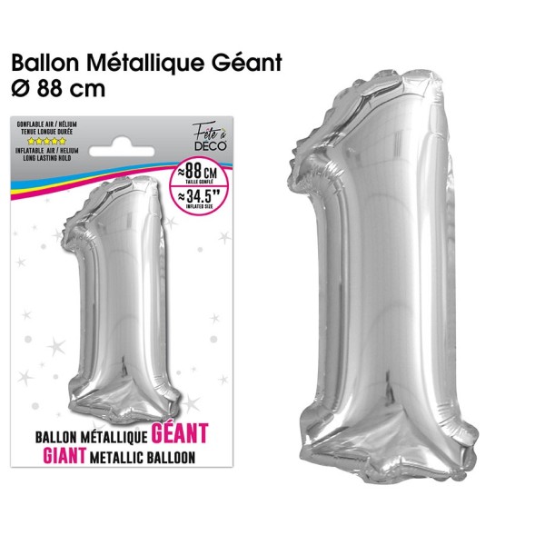 BALLON GEANT METALLIQUE ARGENT CHIFFRE 1