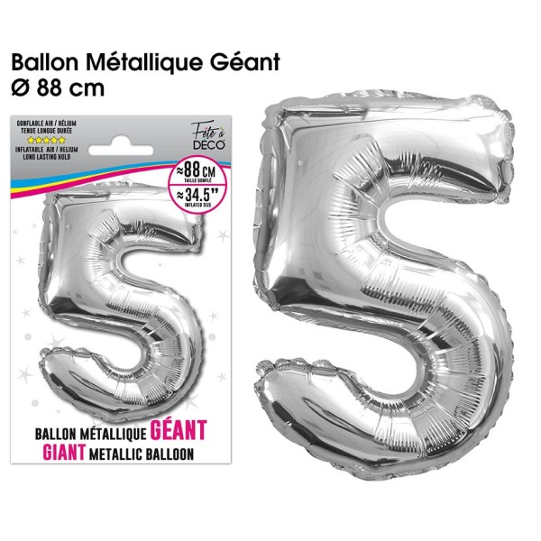 BALLON GEANT METALLIQUE ARGENT CHIFFRE 5