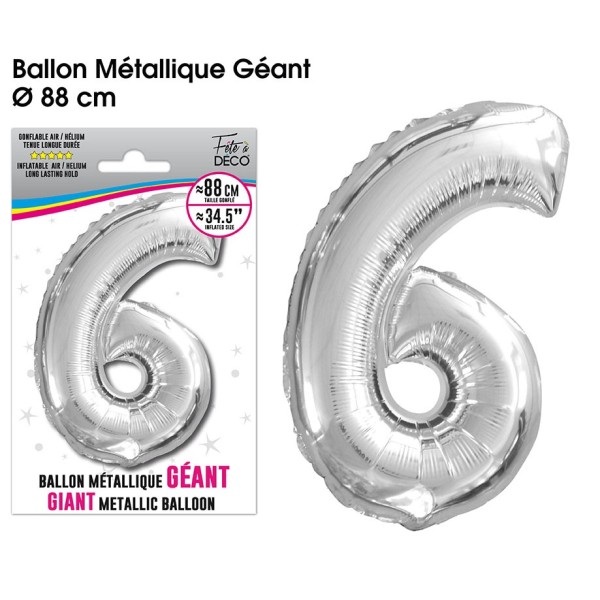 BALLON GEANT METALLIQUE ARGENT CHIFFRE 6