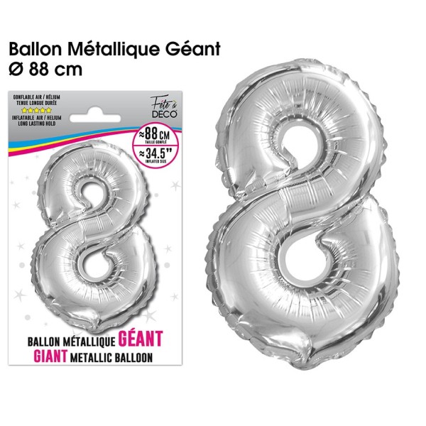 BALLON GEANT METALLIQUE ARGENT CHIFFRE 8