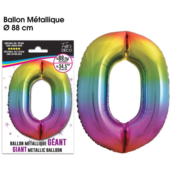 BALLON GÉANT MÉTALLIQUE MULTICOLORE CHIFFRE 0