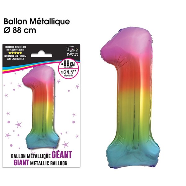BALLON GÉANT MÉTALLIQUE MULTICOLORE CHIFFRE 1