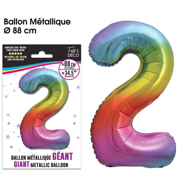 BALLON GÉANT MÉTALLIQUE MULTICOLORE CHIFFRE 2