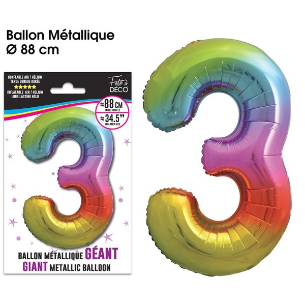 BALLON GÉANT MÉTALLIQUE MULTICOLORE CHIFFRE 3