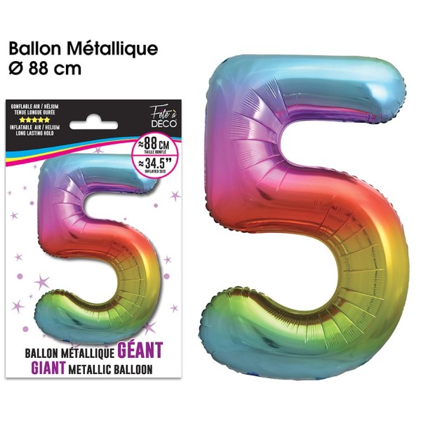 BALLON GÉANT MÉTALLIQUE MULTICOLORE CHIFFRE 5