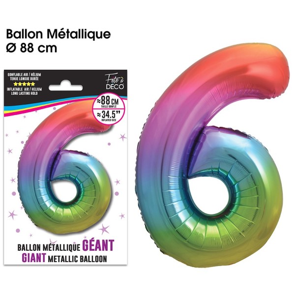 BALLON GÉANT MÉTALLIQUE MULTICOLORE CHIFFRE 6