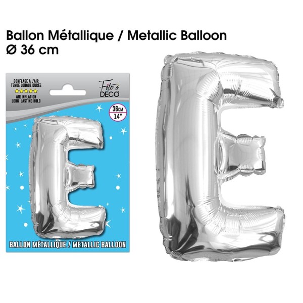 BALLON METALLIQUE ARGENT LETTRE E