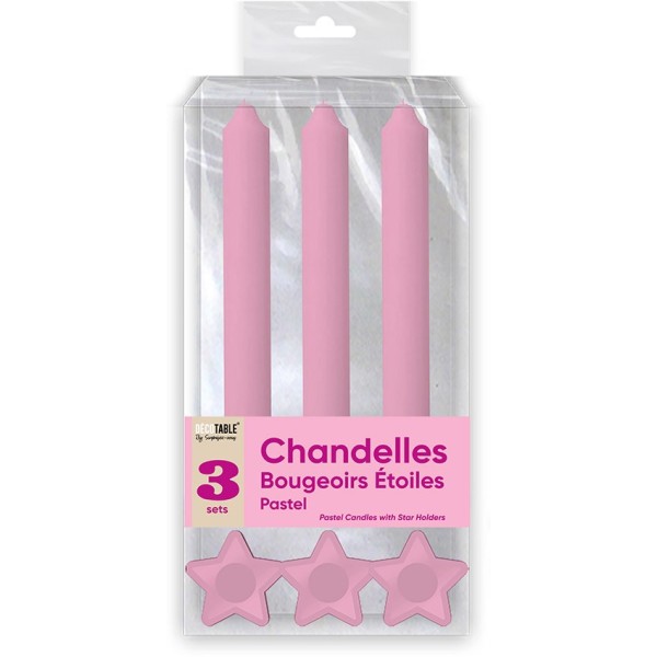 BOUGIES CHANDELLES X 3 SUPPORTS ETOILE ROSE