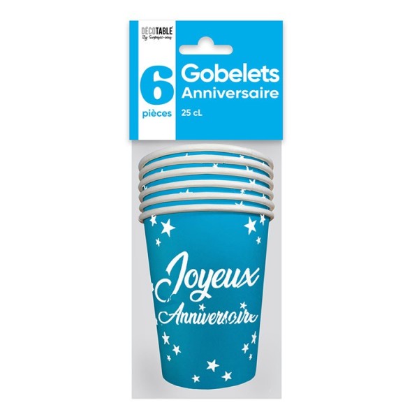 GOBELETS X 6 ANNIVERSAIRE 25CL BLEU