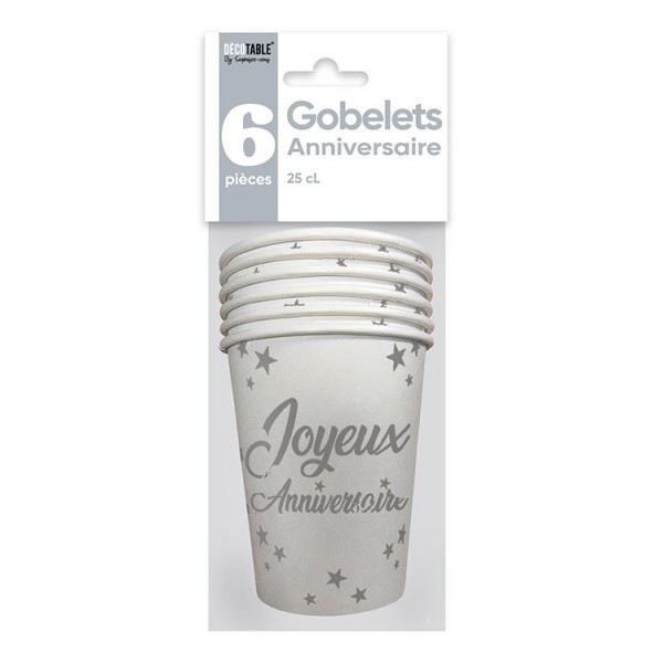 GOBELETS X 6 ANNIVERSAIRE 25CL BLANC