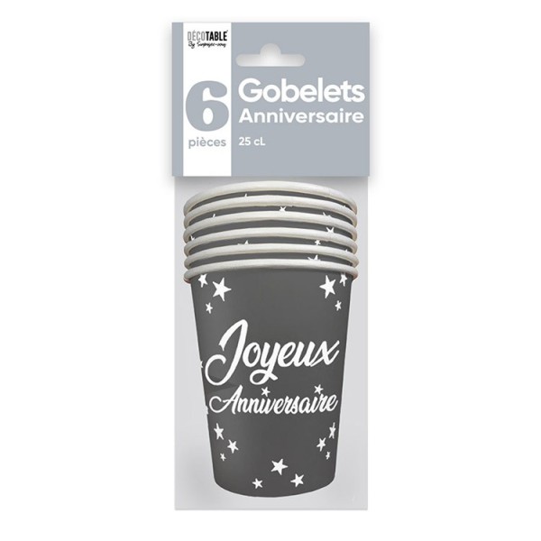 GOBELETS X 6 ANNIVERSAIRE 25CL GRIS