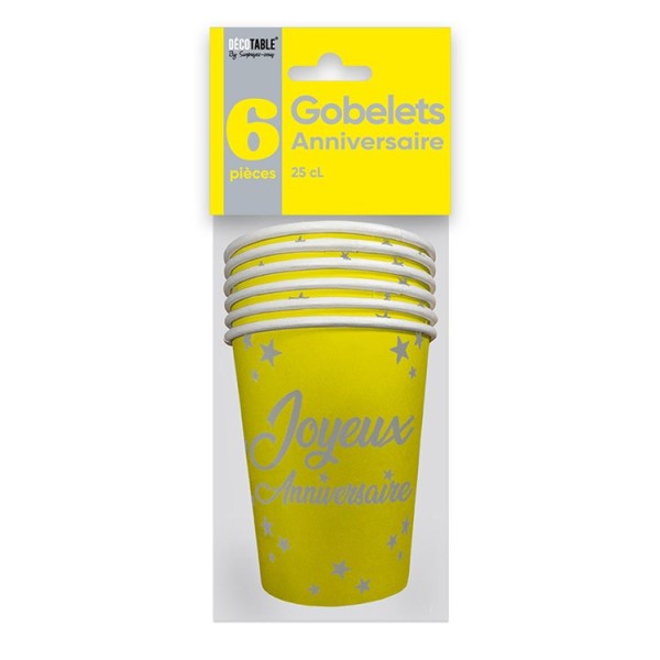 GOBELETS X 6 ANNIVERSAIRE 25CL JAUNE