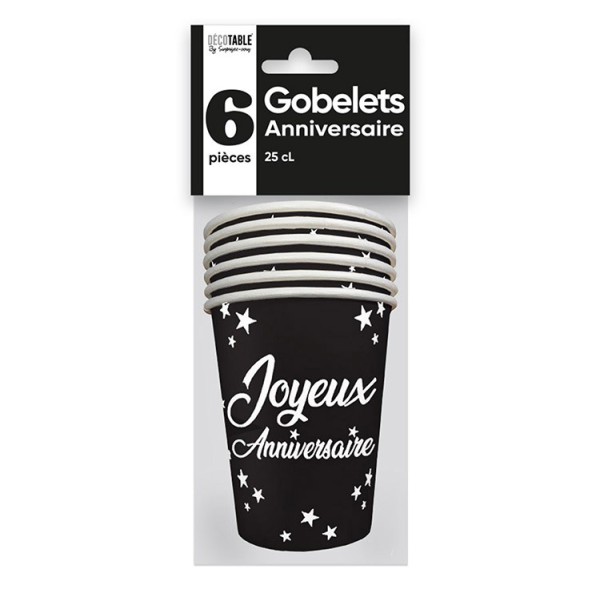 GOBELETS X 6 ANNIVERSAIRE 25CL NOIR