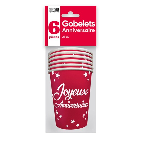 GOBELETS X 6 ANNIVERSAIRE 25CL ROUGE