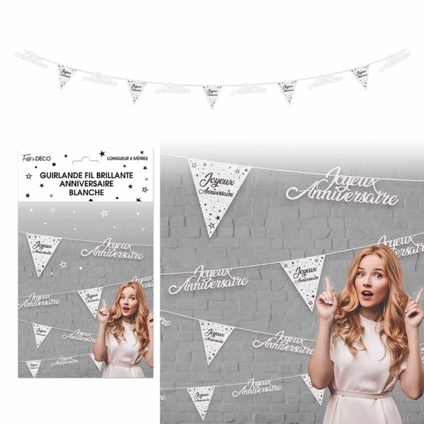 GUIRLANDE FIL JOYEUX ANNIVERSAIRE METALLIQUE BLANCHE