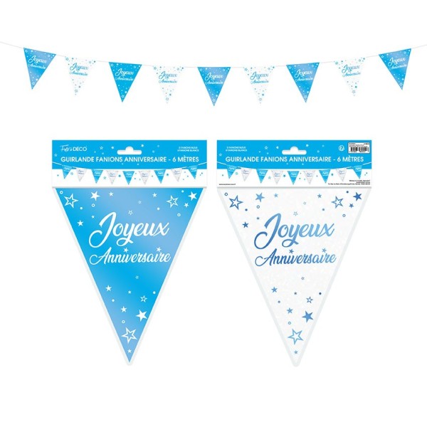 GUIRLANDE FANION JOYEUX ANNIVERSAIRE METALLIQUE BLEUE