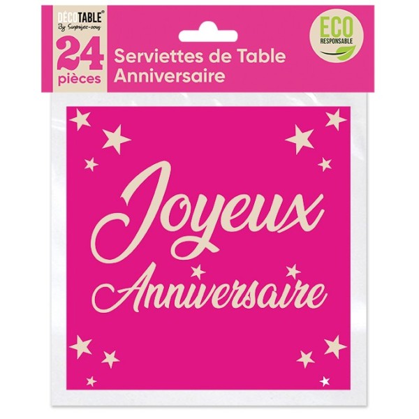 SERVIETTES DE TABLE ANNIVERSAIRE X 24 FUCHSIA