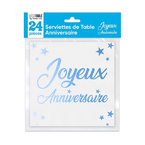 SERVIETTES DE TABLE X 24 MÉTALLISÉES BLEU ANNIVERSAIRE