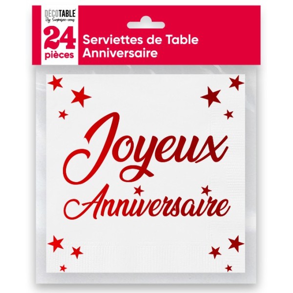 SERVIETTES DE TABLE X 24 MÉTALLISÉES ROUGE ANNIVERSAIRE