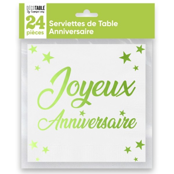 SERVIETTES DE TABLE X 24 MÉTALLISÉES VERT ANNIVERSAIRE