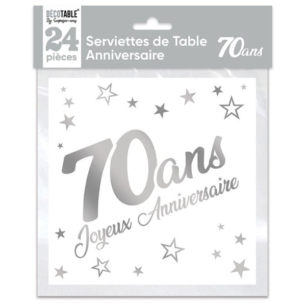 SERVIETTES DE TABLE X 24 MÉTALLISÉE ARGENT 70 ANS