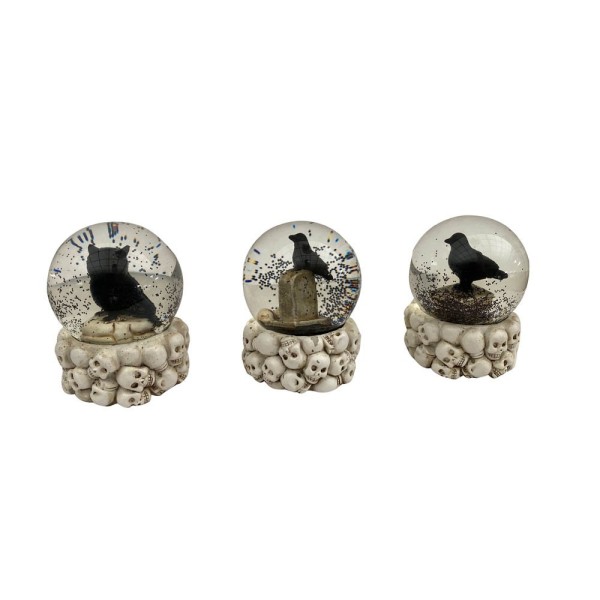 BOULE A NEIGE TETE DE MORT DIA 7CM X 9CM HT - 3 ASS