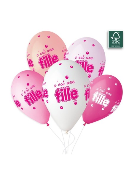 Sachet de 5 ballons anniversaire imprimé C'est une fille