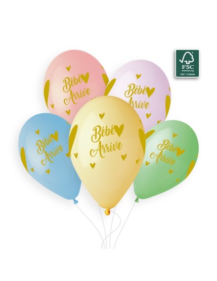 Sachet de 5 ballons anniversaire imprimé Bébé arrive or Faites La Fête Ballons & Arches
