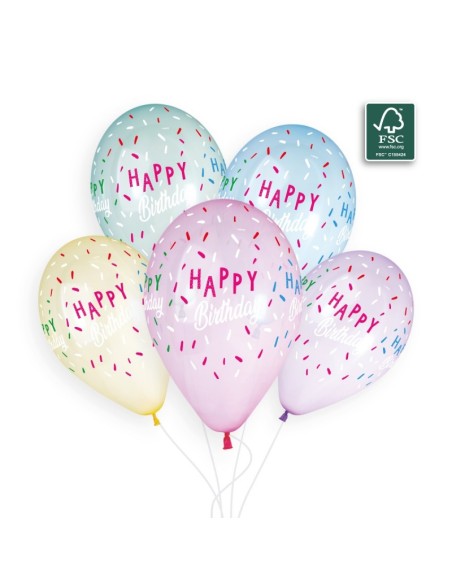 Sachet de 5 ballons anniversaire imprimé Happy birthday