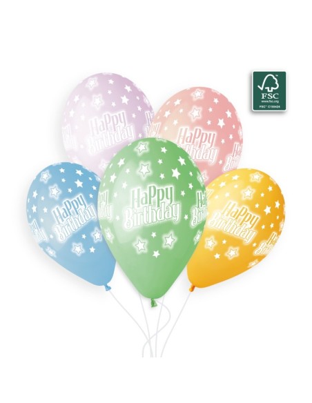 Sachet de 5 ballons anniversaire imprimé Happy Birthday