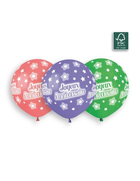 Sachet de 3 ballons anniversaire imprimé Anniversaire