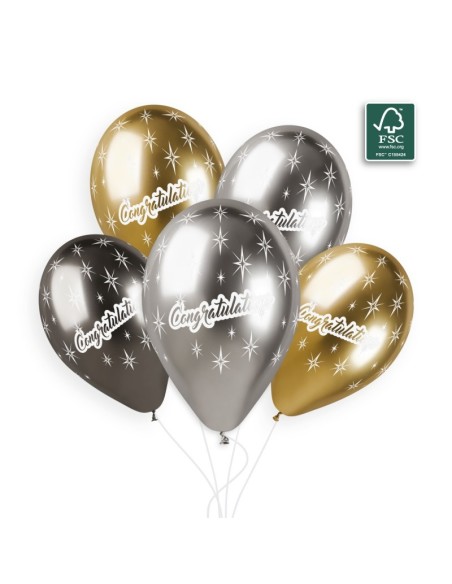 Sachet de 5 ballons anniversaire imprimé Congratulations Shiny