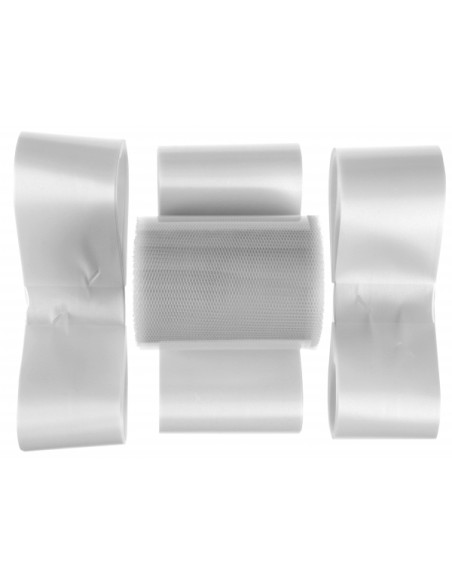 Kit mariage (1 bobine de ruban tulle 4 petits noeuds polypro automatique & 1 grand noeud polypro automatique ) Blanc