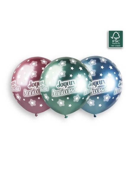Sachet de 3 ballons anniversaire imprimé Joyeux Anniversaire Shiny