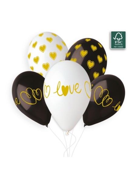 Sachet de 5 ballons anniversaire imprimé Golden love & Hearts