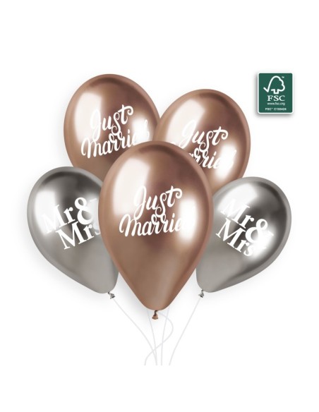 Sachet de 5 ballons anniversaire imprimé Just married + Mr&Mrs