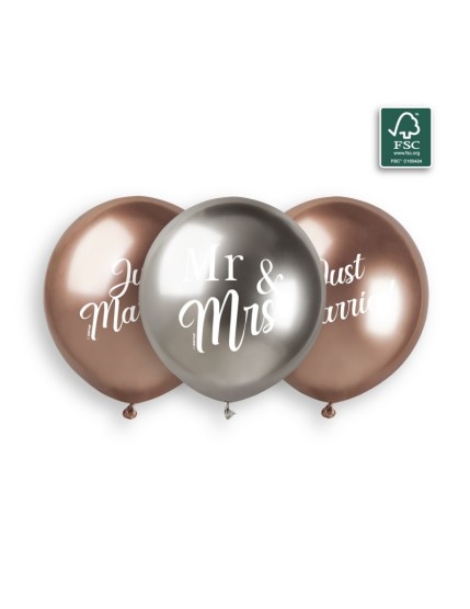 Sachet de 3 ballons anniversaire imprimé Just married + Mr&Mrs Faites La Fête Ballons & Arches