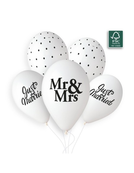 Sachet de 5 ballons anniversaire imprimé Just married + Mr&Mrs + confetti