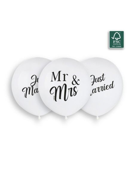 Sachet de 3 ballons anniversaire imprimé Just married + Mr&Mrs