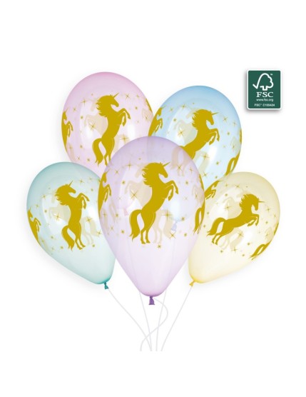 Sachet de 5 ballons anniversaire imprimé Golden Unicorn Faites La Fête Ballons & Arches