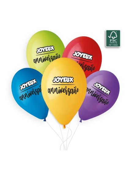 Sachet de 5 ballons anniversaire imprimé Joyeux Anniversaire Faites La Fête Ballons & Arches