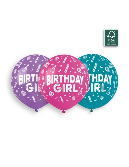 Sachet de 3 ballons anniversaire imprimé Birthday Girl Faites La Fête Ballons & Arches