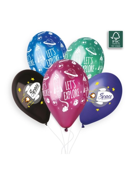 Sachet de 5 ballons anniversaire imprimé Space shuttle & let\'s explore Faites La Fête Ballons & Arches